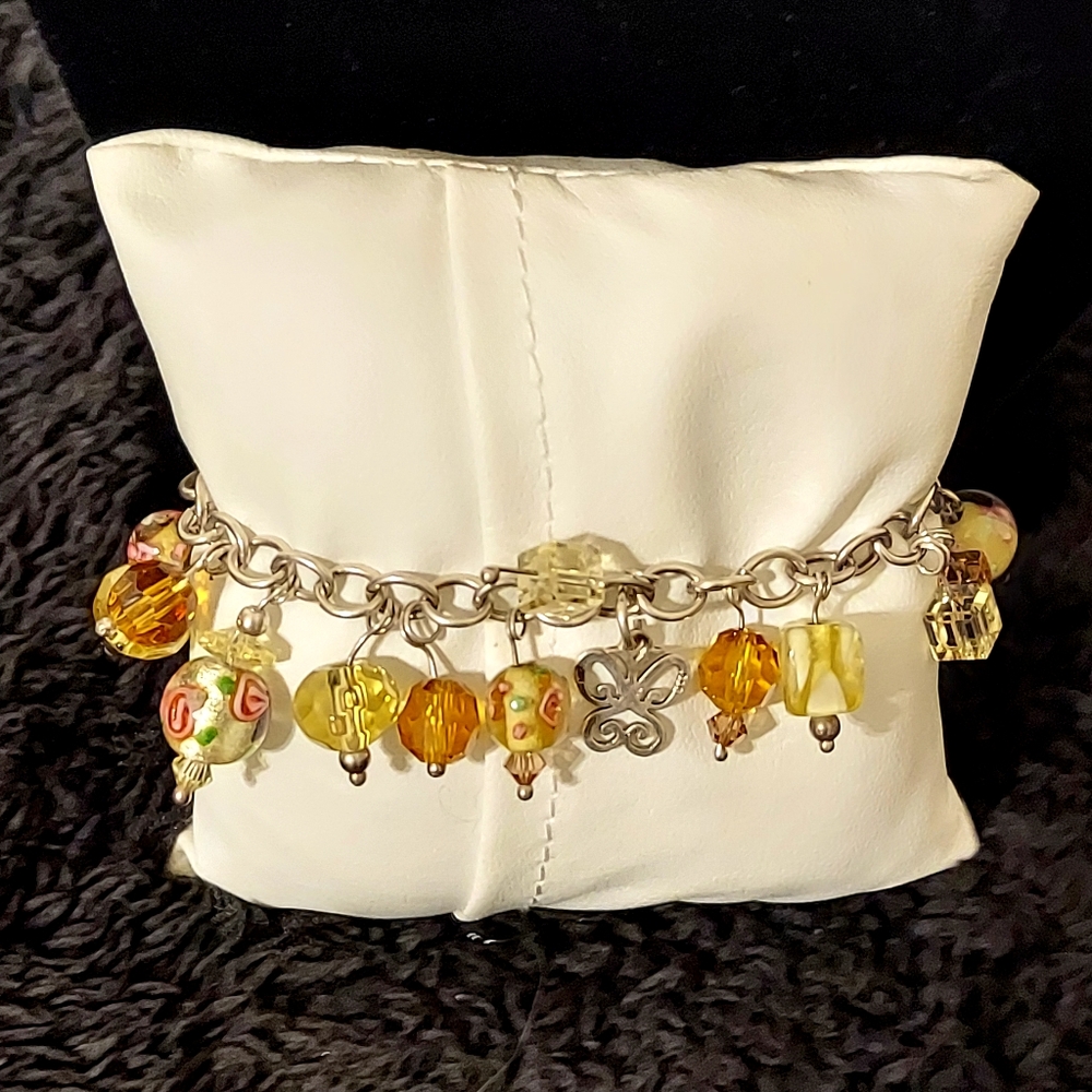 Glass Murano Bead and Butterflies Sterling Charm Bracelet size 7 inches